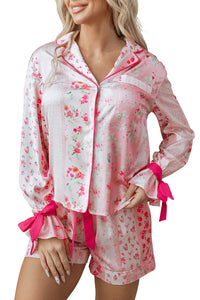 KaleaBoutique Comfortable Mixed Floral Print Contrast Piping Trim Satin Tie 2pcs Pajama Set - KaleaBoutique.com