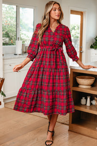 KaleaBoutique Christmas Plaid V Neck 3/4 Sleeve Tie Waist Ruffle Hem Long Dress - KaleaBoutique.com