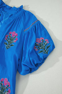 KaleaBoutique Stylish Flower Embroidered Split Neck Short Puff Sleeve Ruffle Hem Dress - KaleaBoutique.com