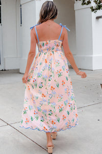 KaleaBoutique Stylish Floral Print Contrast Trim Self-tie Straps High Waist Midi Dress - KaleaBoutique.com