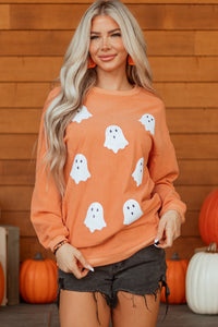 Orange Sequin Ghost Twisted Rib Halloween Sweatshirt - KaleaBoutique.com