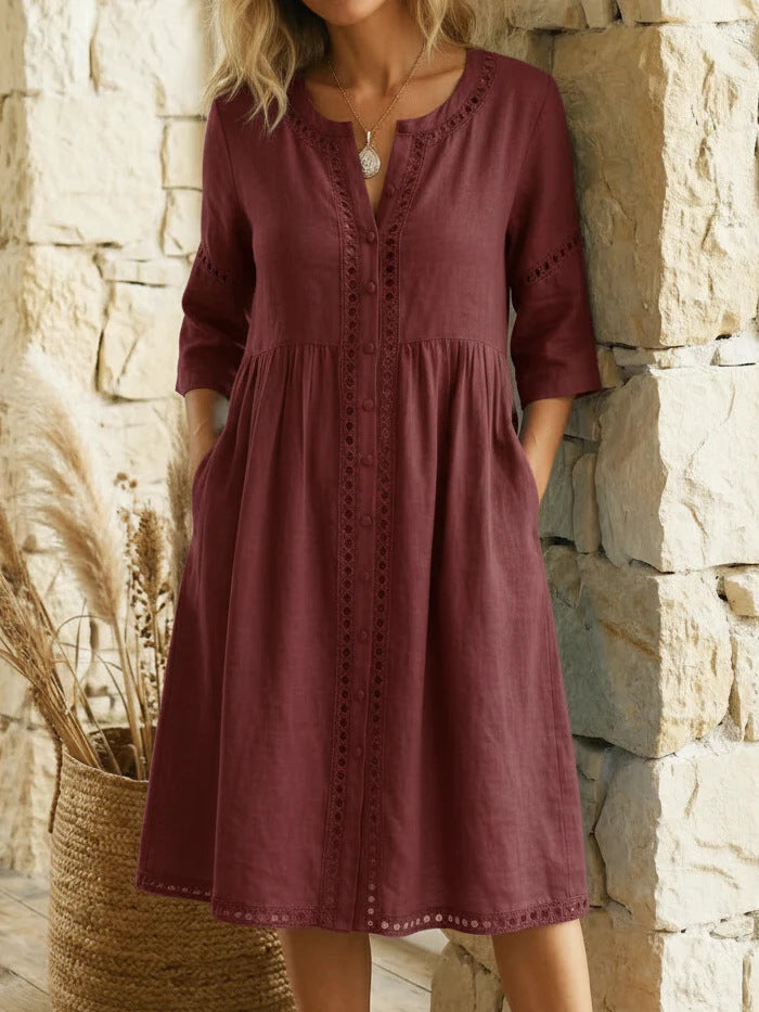 Loose-fitting Linen-cotton Dress With A Buttoned Collar And Lace-trimmed Seams - KaleaBoutique.com