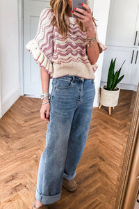 KaleaBoutique Comfortable Wavy Crochet Eyelet Detail Ruffle Half Sleeve Sweater - KaleaBoutique.com