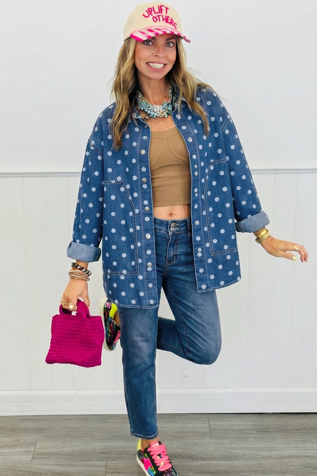 Polka Dot Long Sleeve Collar Shift Tunic Denim Jacket - KaleaBoutique.com