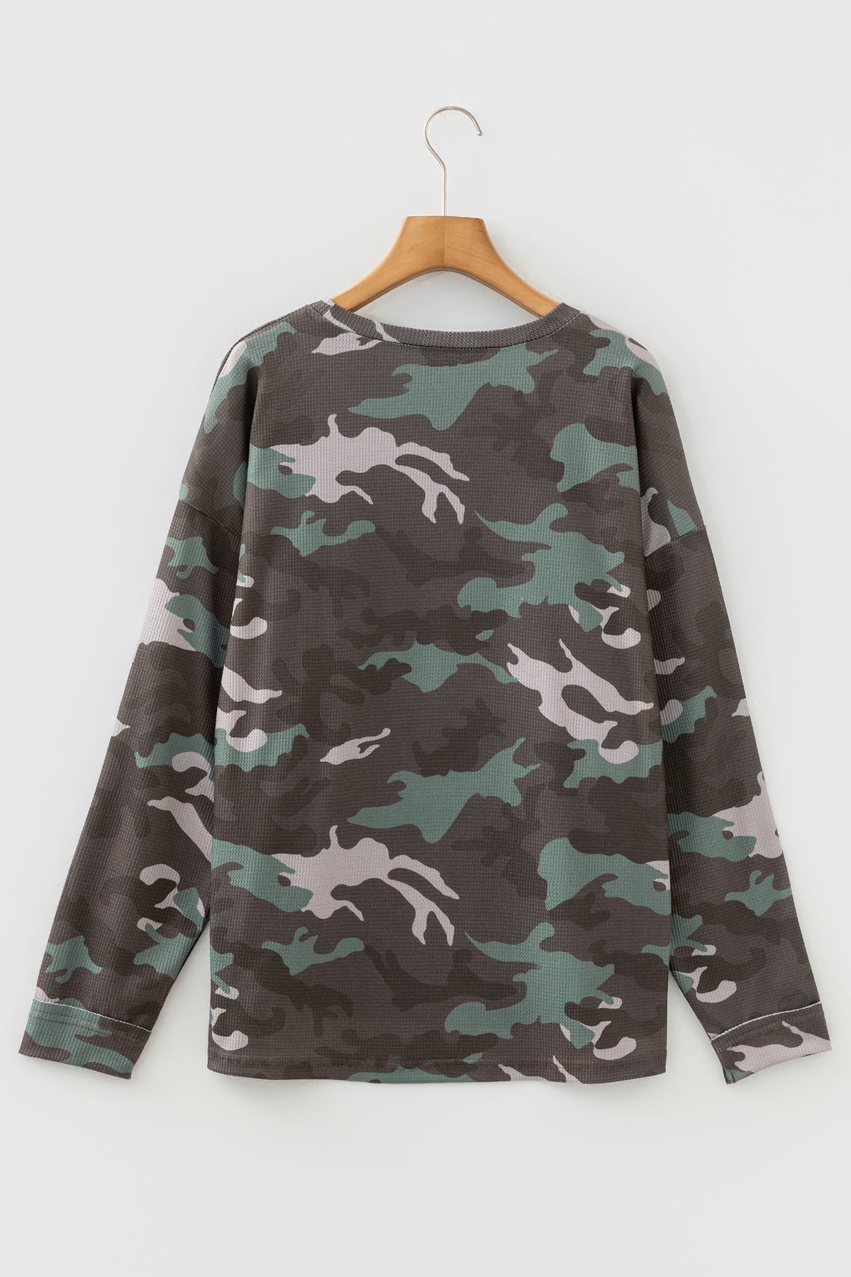 Camouflage Print Textured Drop Shoulder Long Sleeve Top - KaleaBoutique.com