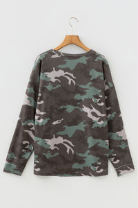 Camouflage Print Textured Drop Shoulder Long Sleeve Top - KaleaBoutique.com