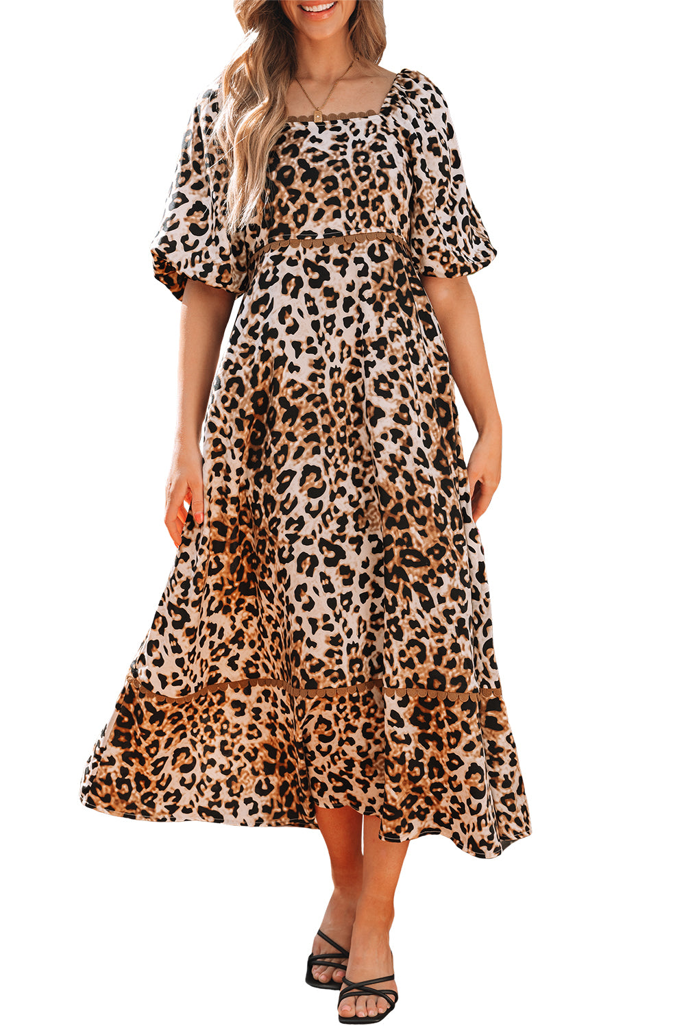 KaleaBoutique Stylish Leopard Print Bubble Sleeve Square Neck Maxi Dress - KaleaBoutique.com