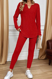 KaleaBoutique Comfortable Ribbed Notched Neck Knit Long Sleeve Leggings Two Pieces Lounge Set - KaleaBoutique.com