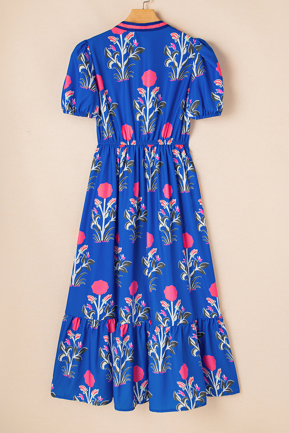 Floral Puff Short Sleeve V Neck High Waist Maxi Dress - KaleaBoutique.com