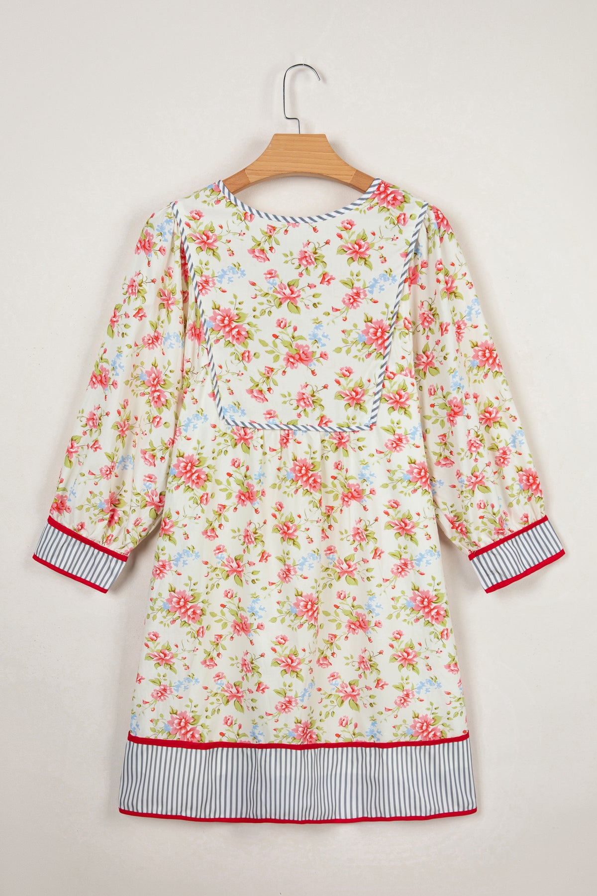 KaleaBoutique Stylish Striped Edge 3/4 Puff Sleeve Floral Dress - KaleaBoutique.com