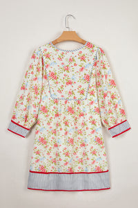 KaleaBoutique Stylish Striped Edge 3/4 Puff Sleeve Floral Dress - KaleaBoutique.com
