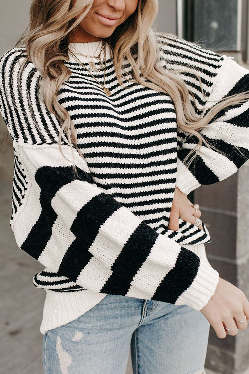 KaleaBoutique Stylish Striped Drop Shoulder Bishop Sleeve Knit Sweater - KaleaBoutique.com