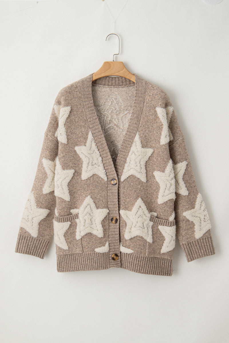 KaleBoutique Stylish Sherpa Star Pattern Textured Sweater Cardigan with Pockets - KaleaBoutique.com