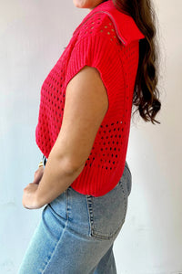 KaleaBoutique Stylish Solid Color Hollowed Knit Short Sleeve Zipper Collar Knitwear Top - KaleaBoutique.com