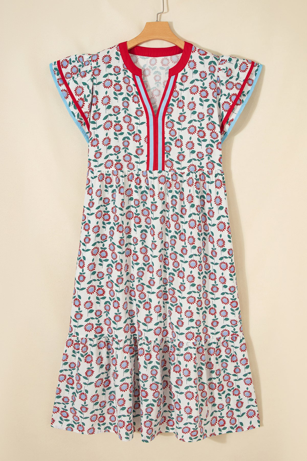 KaleaBoutique Stylish Cute Sunflower Printed Striped Patchwork Trim Flutter Sleeve Long Dress - KaleaBoutique.com