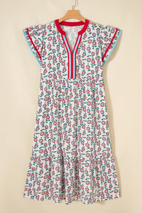 KaleaBoutique Stylish Cute Sunflower Printed Striped Patchwork Trim Flutter Sleeve Long Dress - KaleaBoutique.com