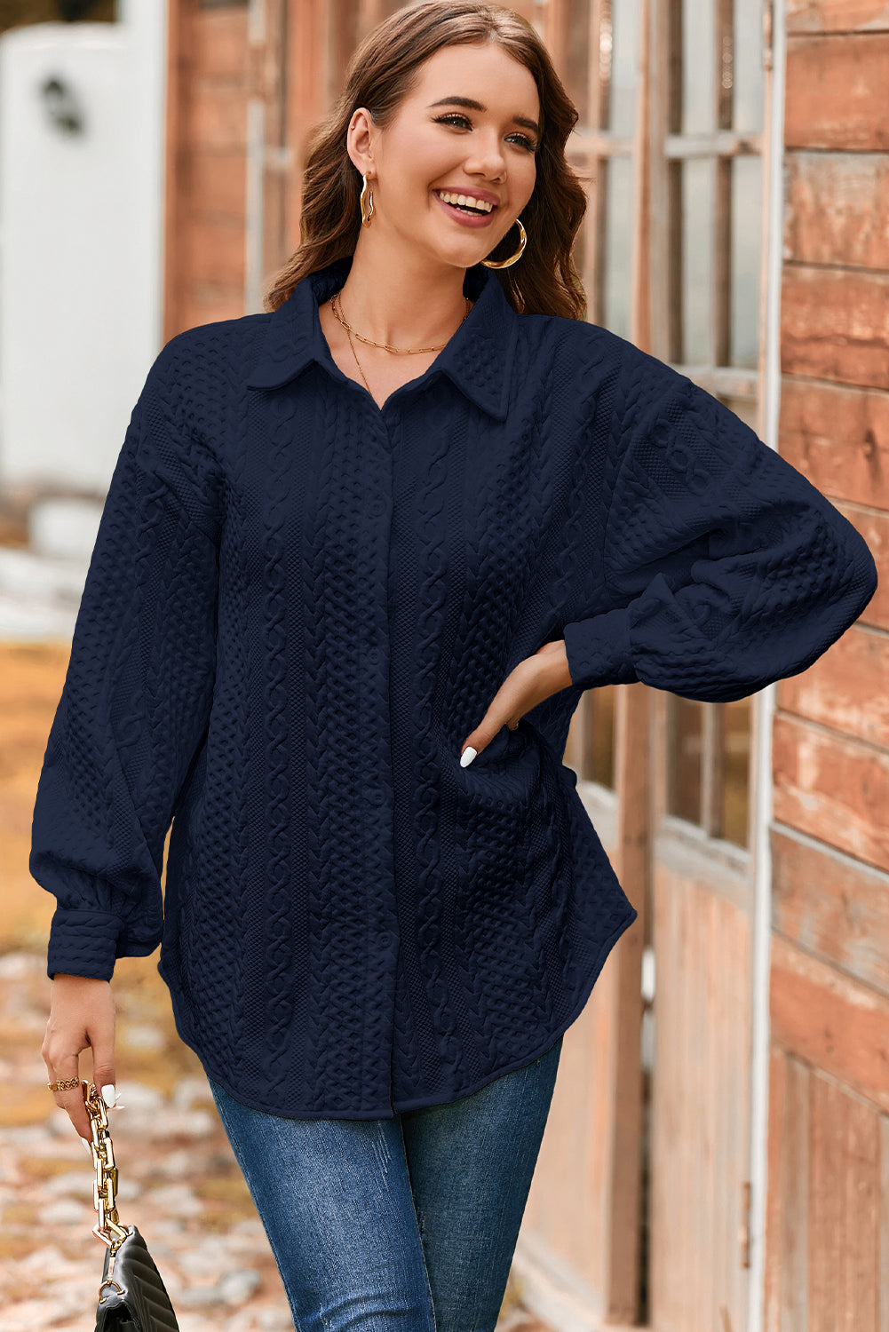 Cable Texture Puff Sleeve Loose Shacket - KaleaBoutique.com