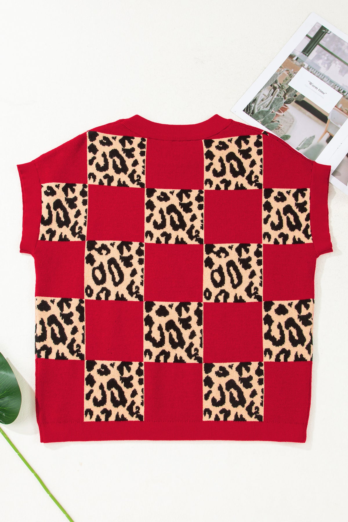 KaleaBoutique Stylish Leopard Checkerboard Short Sleeve Knit Sweater - KaleaBoutique.com