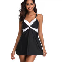 Women's Black and White Twist-Front Swim Dress Tank and Trunks 2 PC Set - KaleaBoutique.com