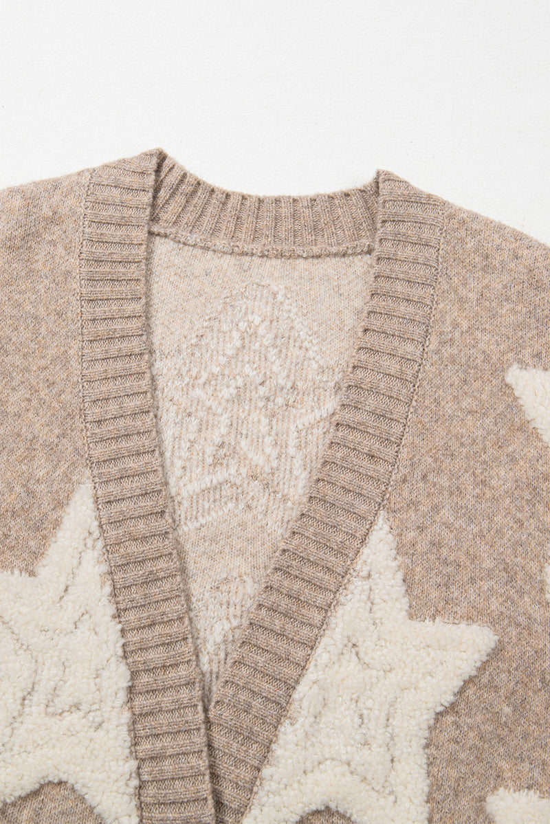 KaleBoutique Stylish Sherpa Star Pattern Textured Sweater Cardigan with Pockets - KaleaBoutique.com