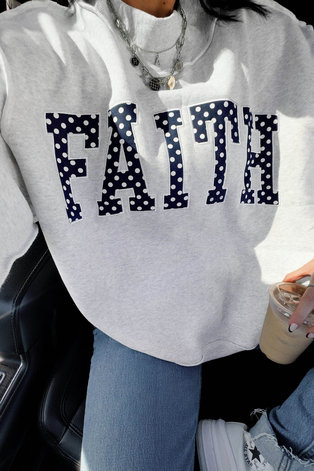 KaleaBoutique Comfortable High Neck Polka Dot Slogan Printed Baggy Sweatshirt - KaleaBoutique.com