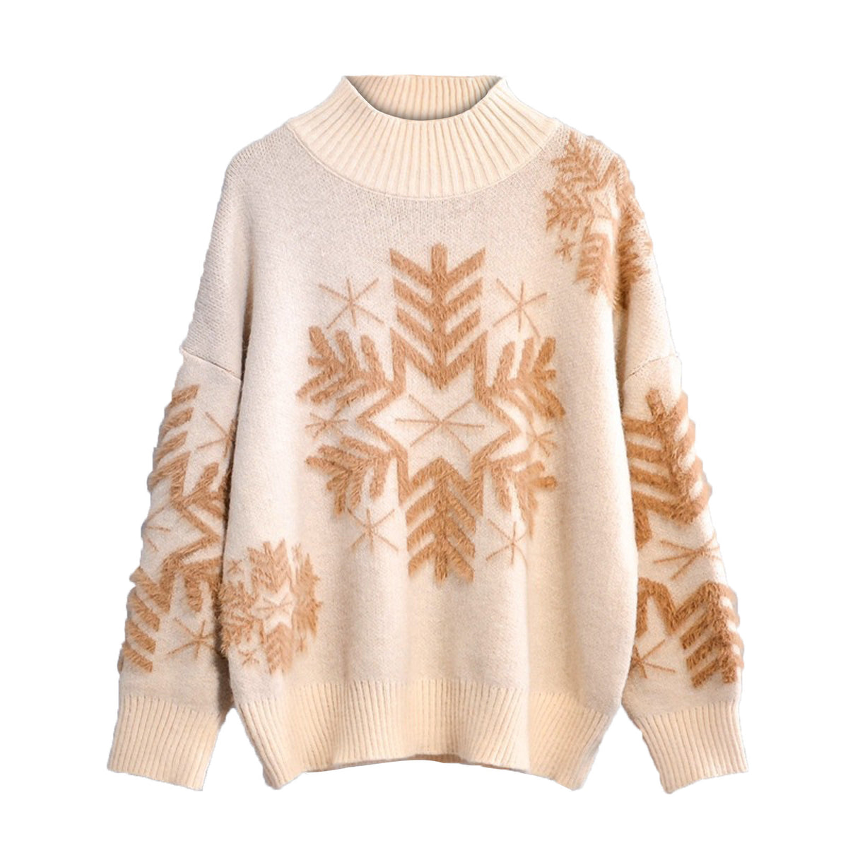 Women's Large Snowflake Oversized Mock-Neck Christmas Fuzzy Sweater - KaleaBoutique.com
