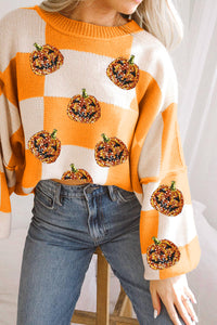 KaleaBoutique Sequined Halloween Pumpkin Checkered Pattern Puff Sleeve Sweater - KaleaBoutique.com
