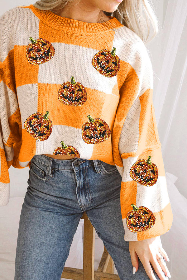 KaleaBoutique Sequined Halloween Pumpkin Checkered Pattern Puff Sleeve Sweater - KaleaBoutique.com