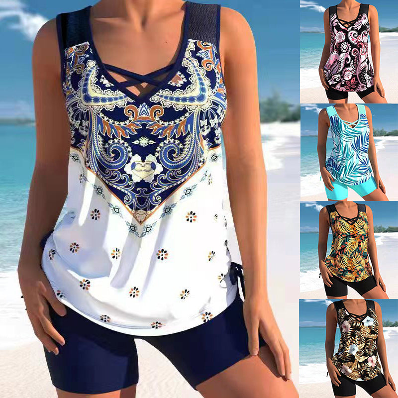 Women's Printed Crisscross Swim Top and Shorts 2 PC Tankini Set - KaleaBoutique.com