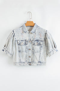 Light Wash Buttoned Chest Pocket Puff Sleeve Denim Jacket - KaleaBoutique.com