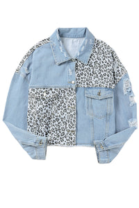Blue Plus Size Leopard Ripped Cropped Denim Jacket - KaleaBoutique.com