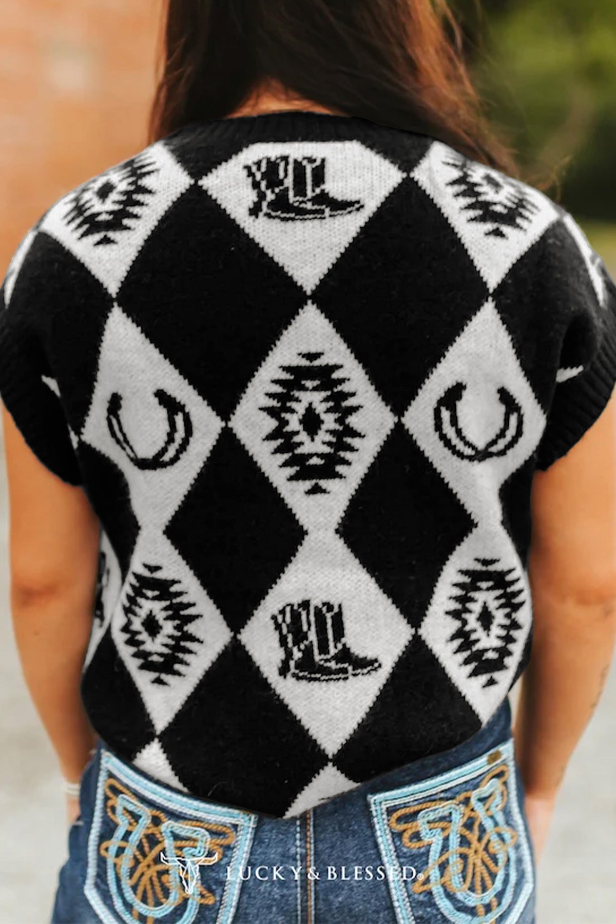 KaleaBoutique Stylish Retro Rhombus Western Print Drop Shoulder Short Sleeve Sweater - KaleaBoutique.com