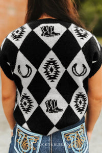 KaleaBoutique Stylish Retro Rhombus Western Print Drop Shoulder Short Sleeve Sweater - KaleaBoutique.com