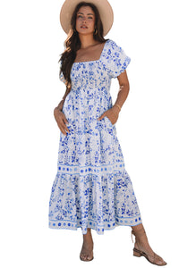 KaleaBoutique Stylish Floral Print Square Neck Bubble Sleeve High Waist Maxi Dress - KaleaBoutique.com