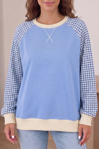 KaleaBoutique Comfortable Plaid Sleeve Colorblock Raglan Pullover Sweatshirt - KaleaBoutique.com