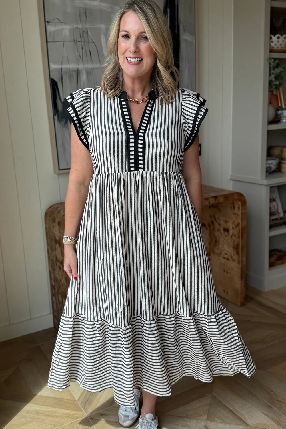 Double Ruffled Short Sleeve Contrast Trim V Neck Midi Dress - KaleaBoutique.com