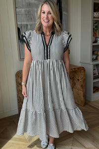 Double Ruffled Short Sleeve Contrast Trim V Neck Midi Dress - KaleaBoutique.com