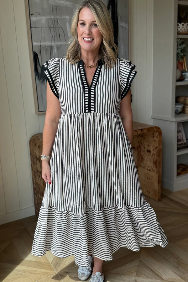 KaleaBoutique Stylish Double Ruffled Short Sleeve Contrast Trim V Neck Midi Dress - KaleaBoutique.com