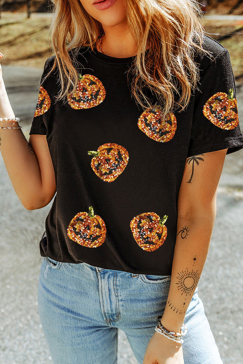 Black Sequin Pumpkin Face Halloween T Shirt - KaleaBoutique.com
