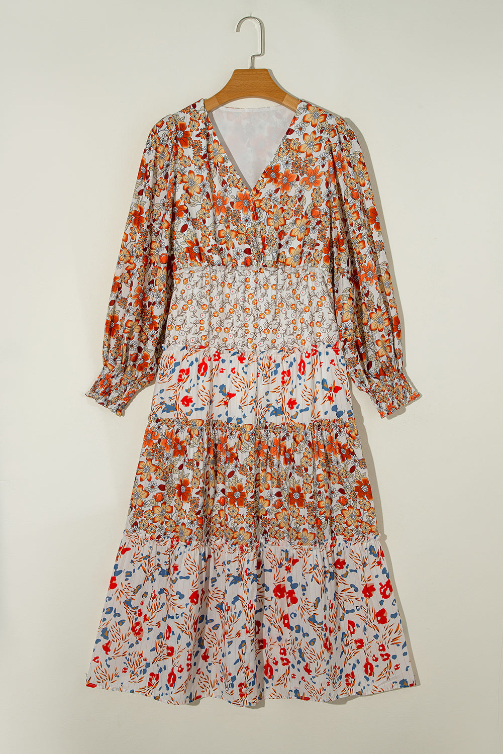 KaleaBoutique Stylish Floral Print Ruffled Tiered Long Sleeve V Neck Midi Dress - KaleaBoutique.com