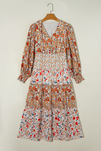 KaleaBoutique Stylish Floral Print Ruffled Tiered Long Sleeve V Neck Midi Dress - KaleaBoutique.com