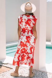 KaleaBoutique Stylish Floral Print Trimmed V Neck Ruffle Sleeve Long Dress - KaleaBoutique.com