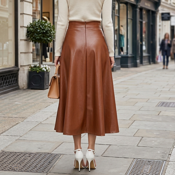 Women's High-Waist PU Leather A-Line Midi Skirt