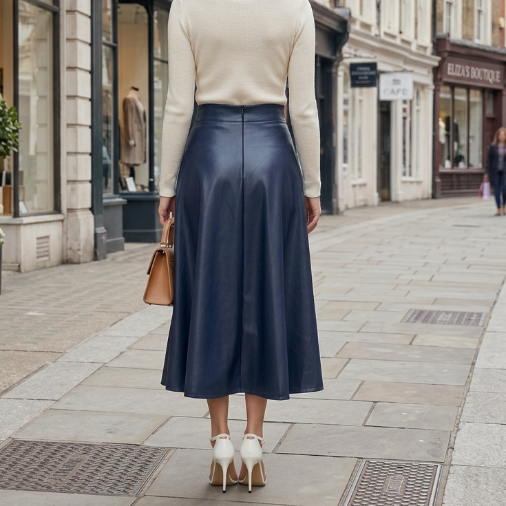 Women's High-Waist PU Leather A-Line Midi Skirt