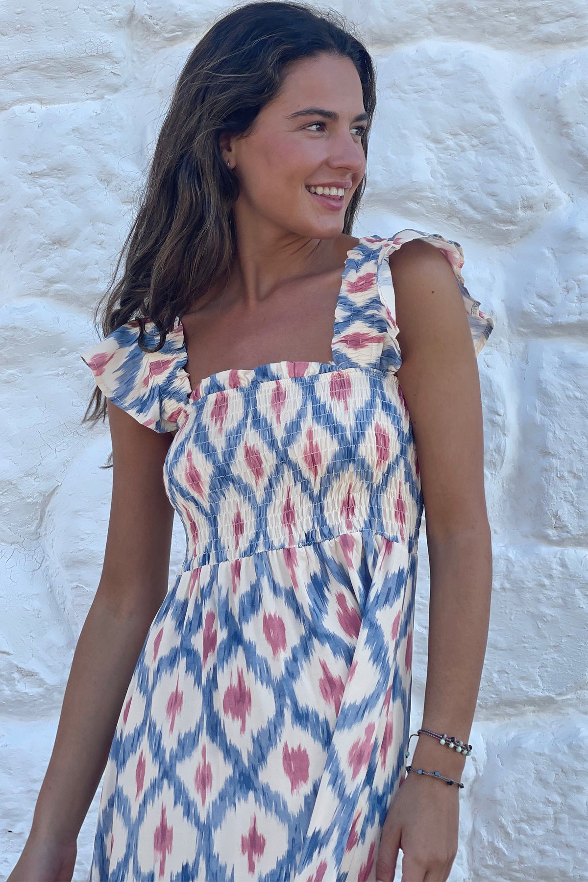 KaleaBoutique Stylish Ethnic Geometric Print Square Neck Smocked High Waist Ruffle Sleeve Dress - KaleaBoutique.com