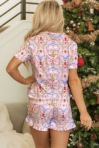 KaleaBoutique Comfortable Nutcracker Doll Christmas Print Ribbon Tie Waist Short 2pcs Pajama Set - KaleaBoutique.com