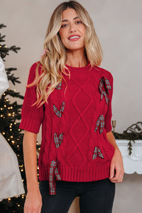 KaleaBoutique Comfortable Plaid Lace up Detail Christmas Holiday Puff Short Sleeve Sweater - KaleaBoutique.com