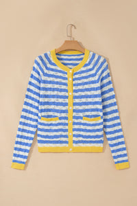 KaleaBoutique Comfortable Striped Colorblock Button Front Long Sleeve Loose Fit Knit Cardigan - KaleaBoutique.com