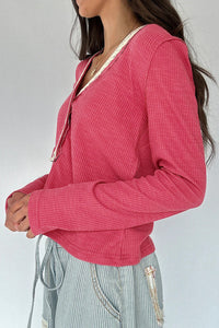 Ribbed Texture Contrasted Lace Trim Button V Neck Long Sleeve Top - KaleaBoutique.com