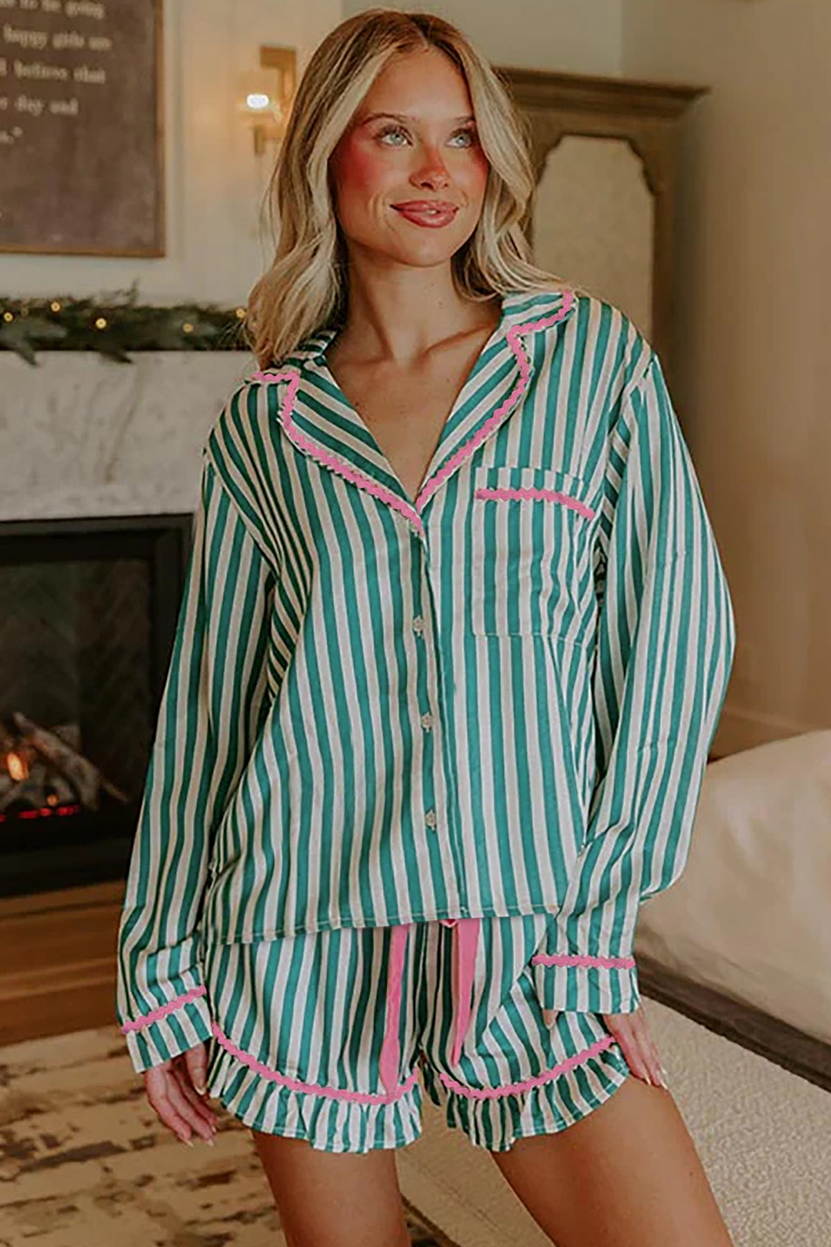 KaleaBoutique Stylish Contrast Ricrac Trim Long Sleeve Shirt Drawstring Ruffled Pajama Short Set - KaleaBoutique.com